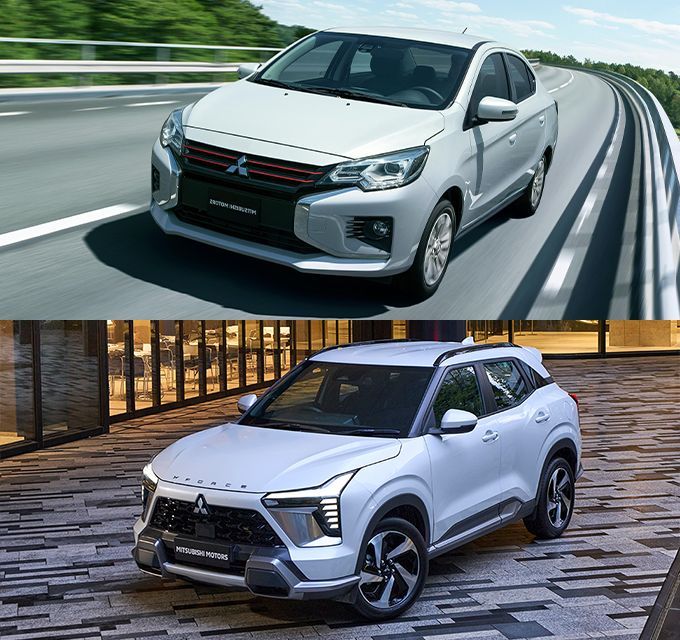 Sliver Mitsubishi Attrage and Red Mitsubishi Eclipse Cross Vehicles